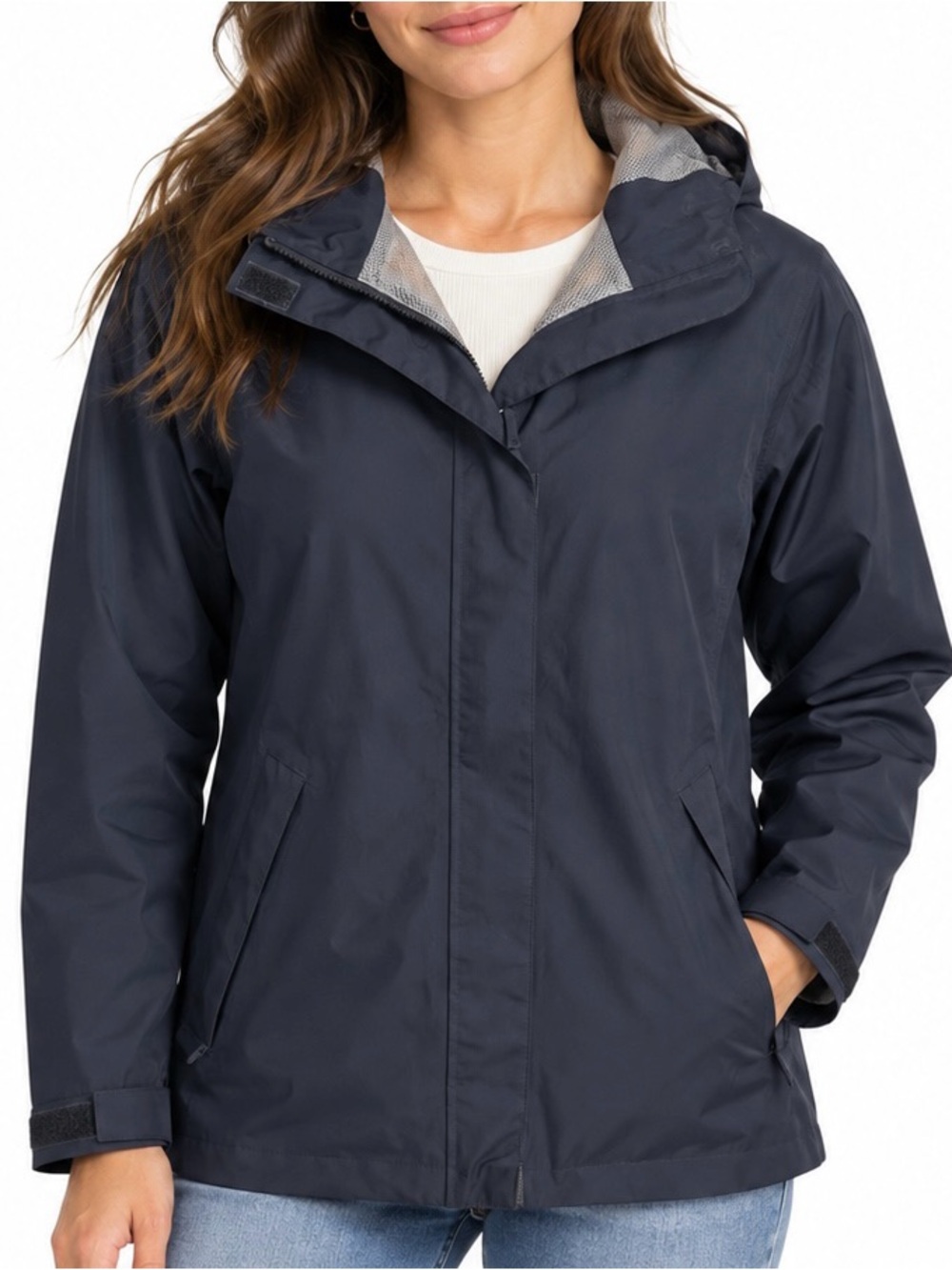 Landsâ End Gore-Tex Navy Hooded Rain Jacket Womenâs L 14-16 Waterproof